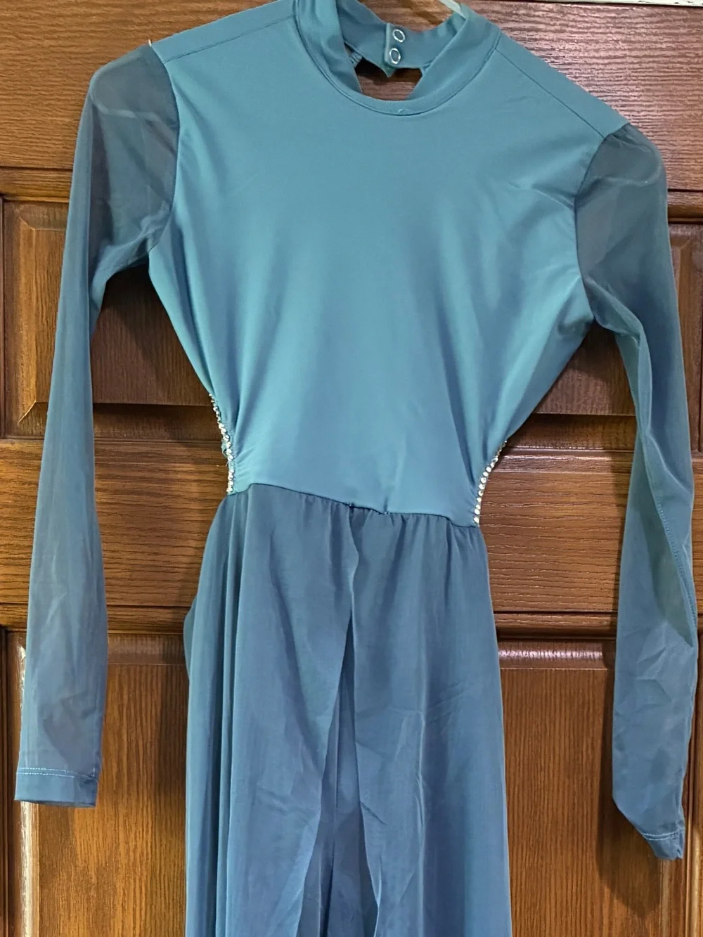 Kids Dance Costume Long Sleeve Teal Dress with Mesh Sleeves - custom rhinestones